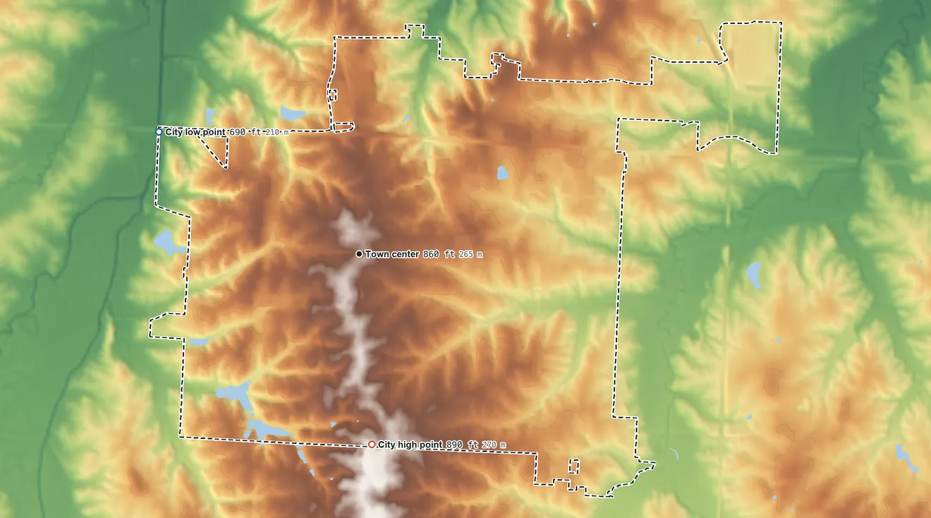 Topographic elevation map of Warrensburg, Missouri, shaded from 690 ft on the northwest side to 890 ft on the south side