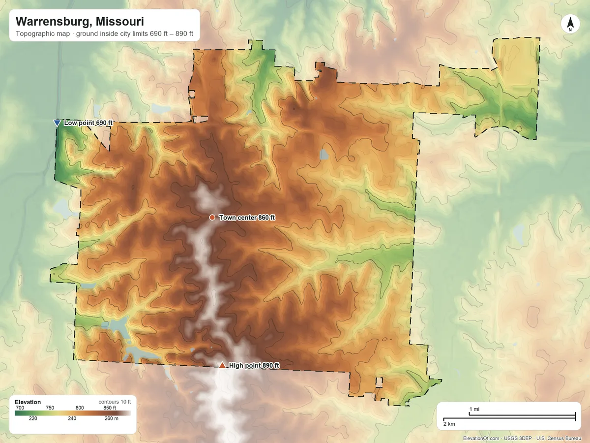 Topographic elevation map of Warrensburg, Missouri, shaded from 690 ft on the northwest side to 890 ft on the south side