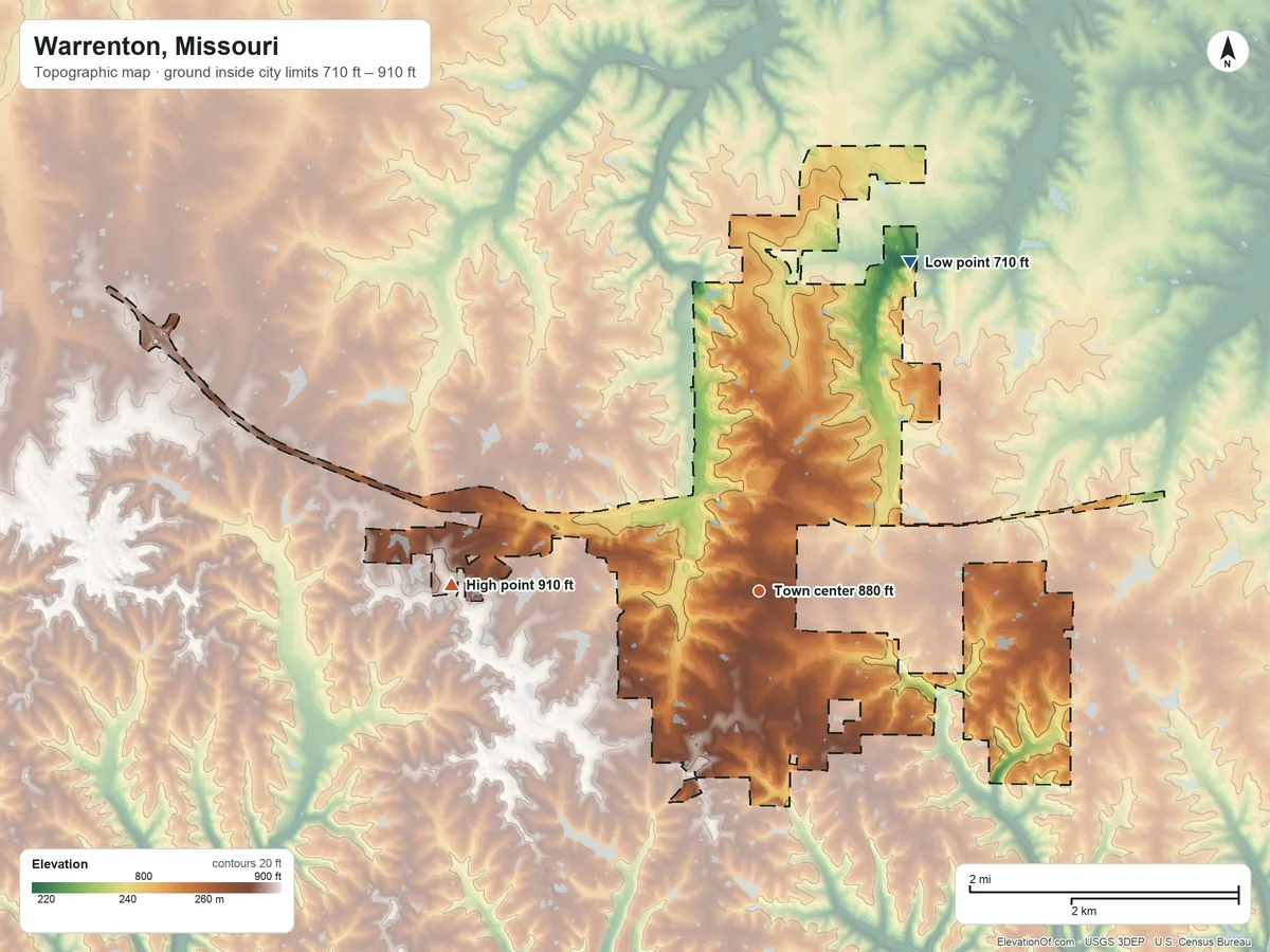 Topographic elevation map of Warrenton, Missouri, shaded from 710 ft on the northeast side to 910 ft on the west side