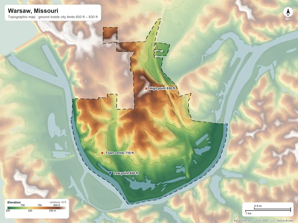 Topographic elevation map of Warsaw, Missouri, shaded from 650 ft near the middle to 830 ft on the northeast side