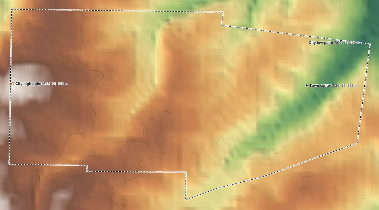 Topographic elevation map of Warson Woods, Missouri, shaded from 500 ft on the northeast side to 640 ft on the west side
