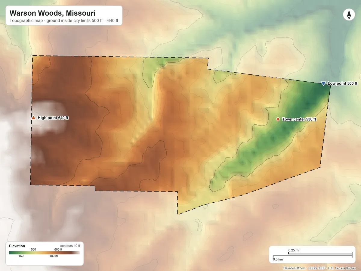 Topographic elevation map of Warson Woods, Missouri, shaded from 500 ft on the northeast side to 640 ft on the west side