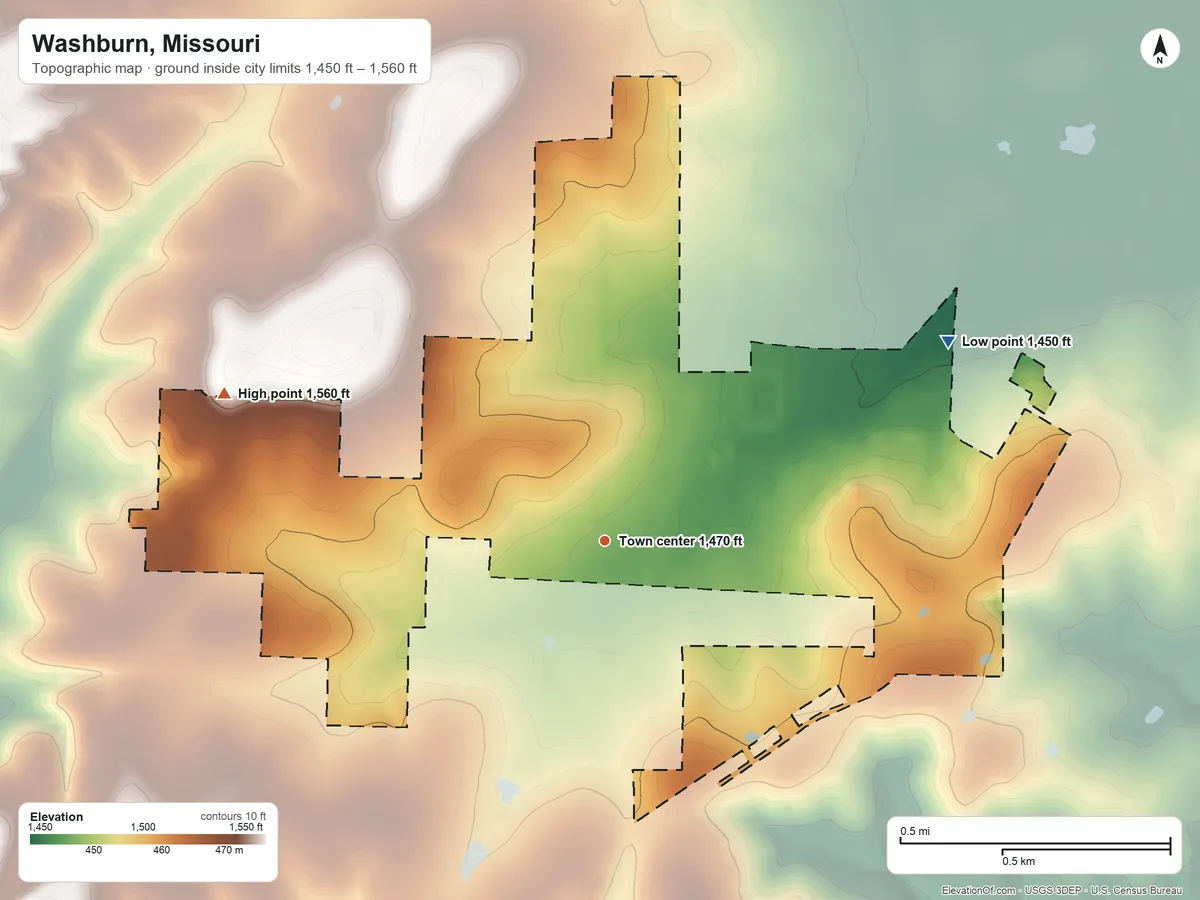 Topographic elevation map of Washburn, Missouri, shaded from 1,450 ft on the northeast side to 1,560 ft on the west side