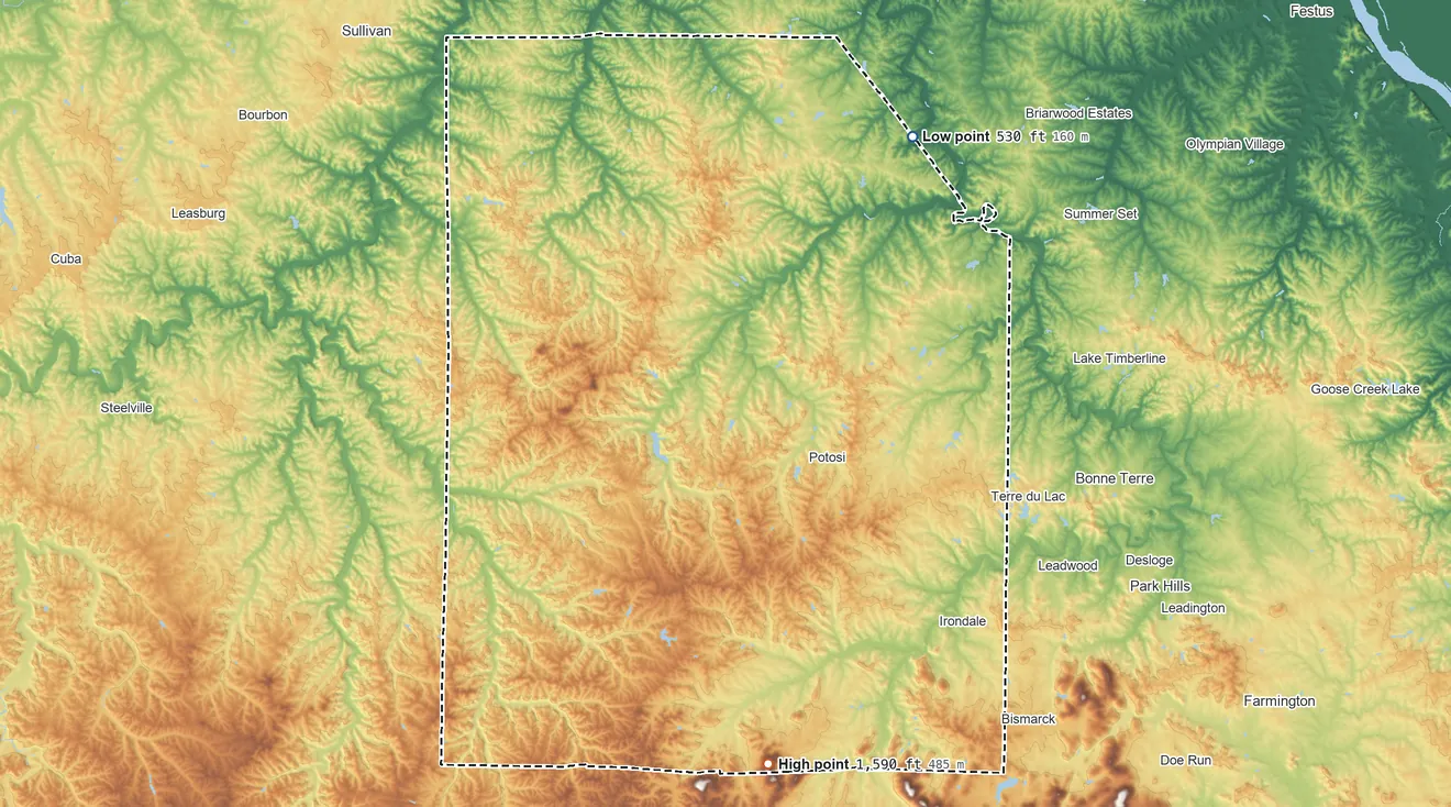 Topographic elevation map of Washington County, Missouri, shaded from 530 ft on the northeast side to 1,590 ft on Pruitt Mountain