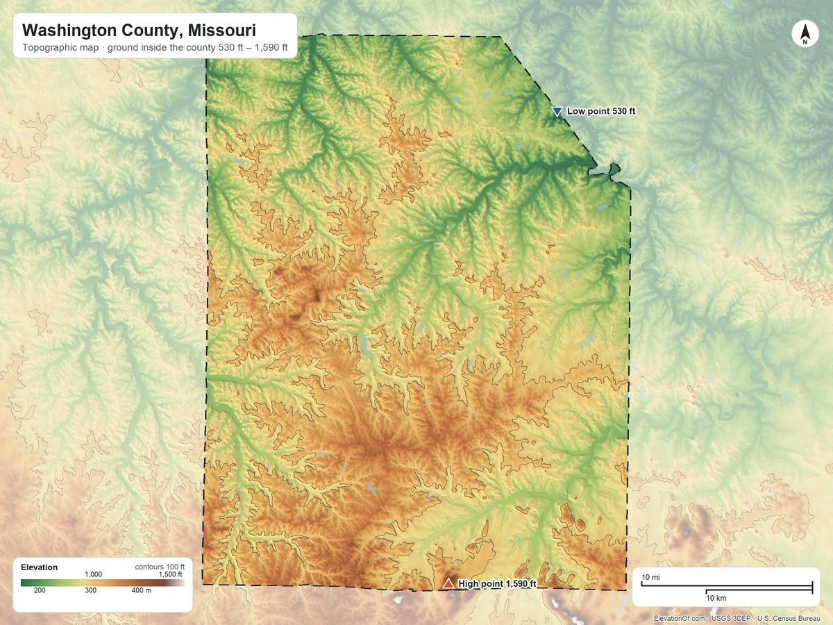 Topographic elevation map of Washington County, Missouri, shaded from 530 ft on the northeast side to 1,590 ft on Pruitt Mountain