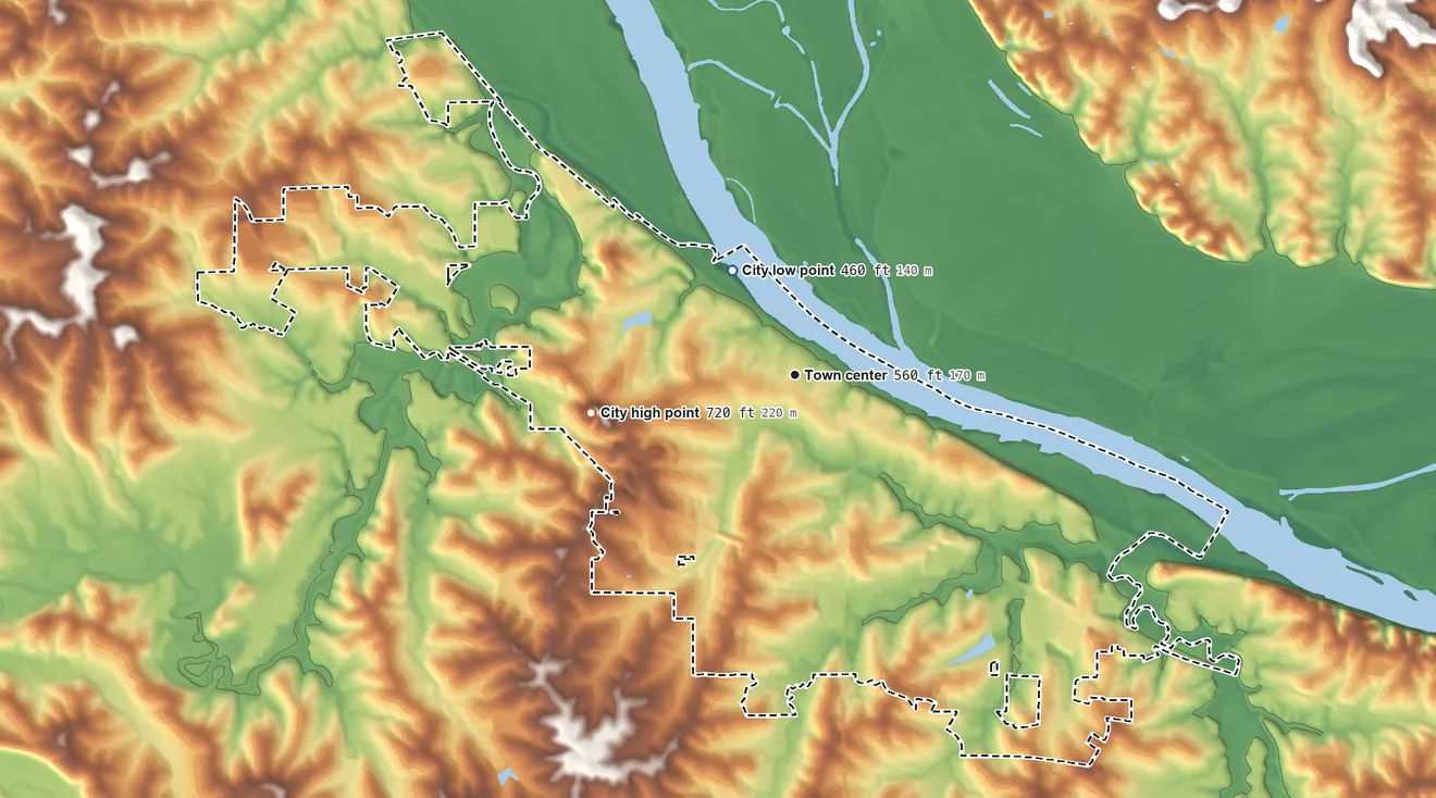 Topographic elevation map of Washington, Missouri, shaded from 460 ft near the middle to 720 ft on the west side