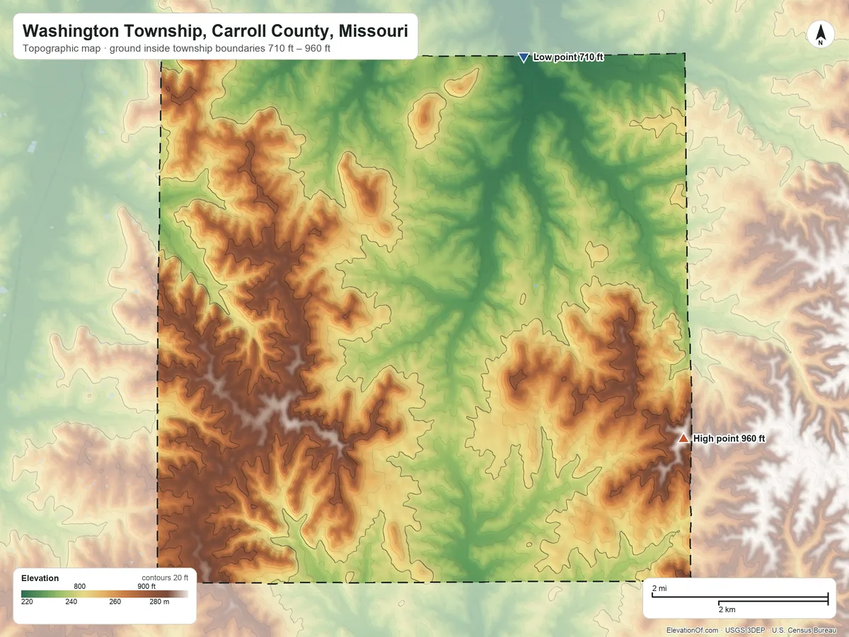 Topographic elevation map of Washington Township, Carroll County, Missouri, shaded from 710 ft on the northeast side to 960 ft on the east side