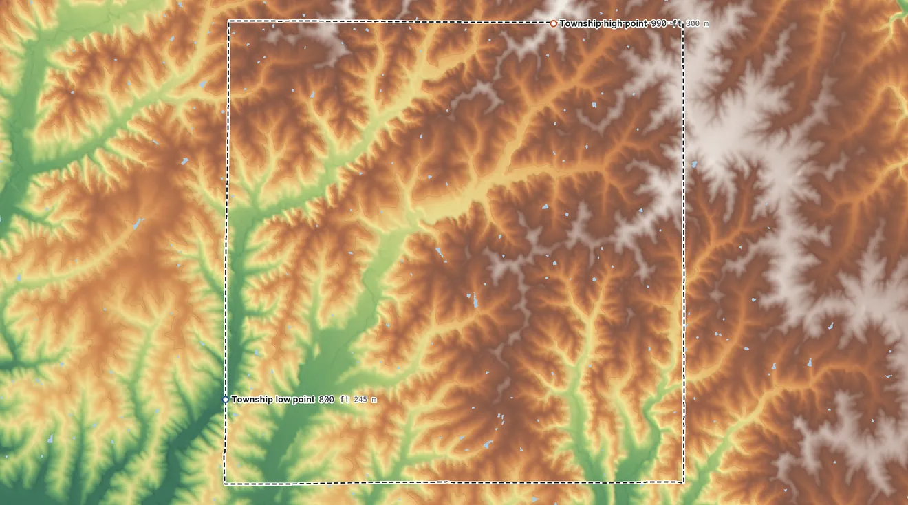 Topographic elevation map of Washington Township, Daviess County, Missouri, shaded from 800 ft on the southwest side to 990 ft on the north side