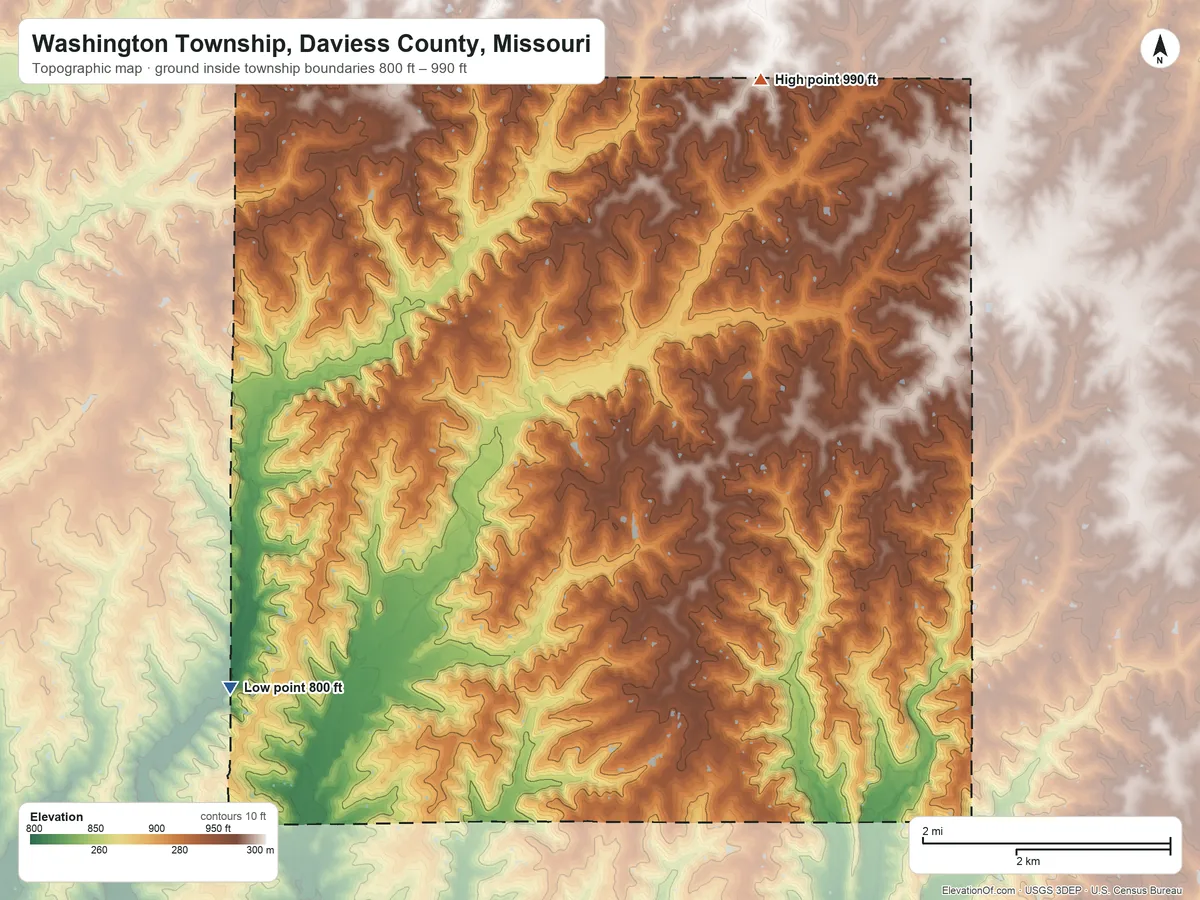 Topographic elevation map of Washington Township, Daviess County, Missouri, shaded from 800 ft on the southwest side to 990 ft on the north side