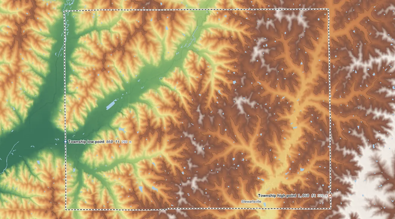 Topographic elevation map of Washington Township, DeKalb County, Missouri, shaded from 860 ft on the west side to 1,060 ft on the east side