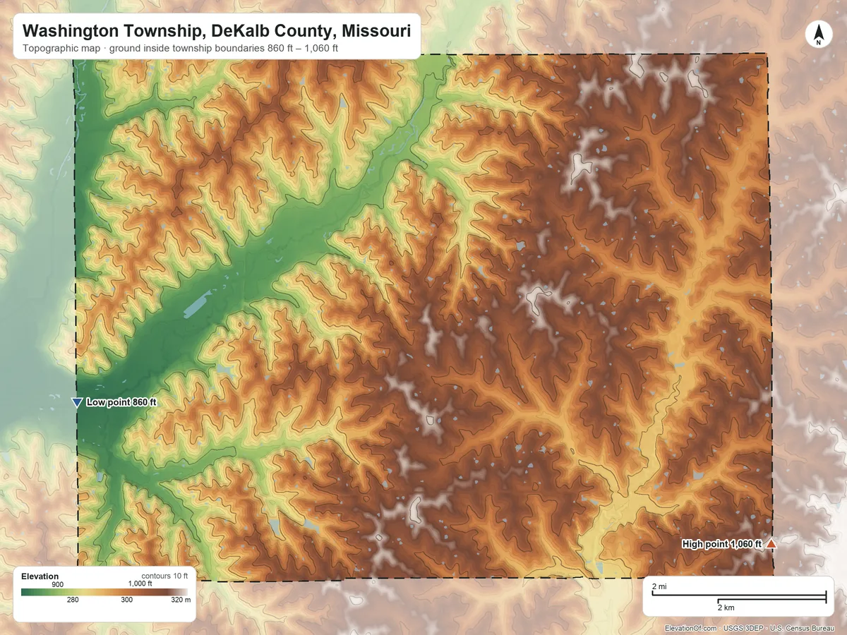 Topographic elevation map of Washington Township, DeKalb County, Missouri, shaded from 860 ft on the west side to 1,060 ft on the east side