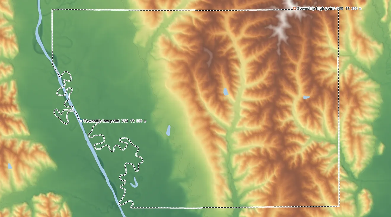 Topographic elevation map of Washington Township, Grundy County, Missouri, shaded from 760 ft on the west side to 980 ft on the northeast side