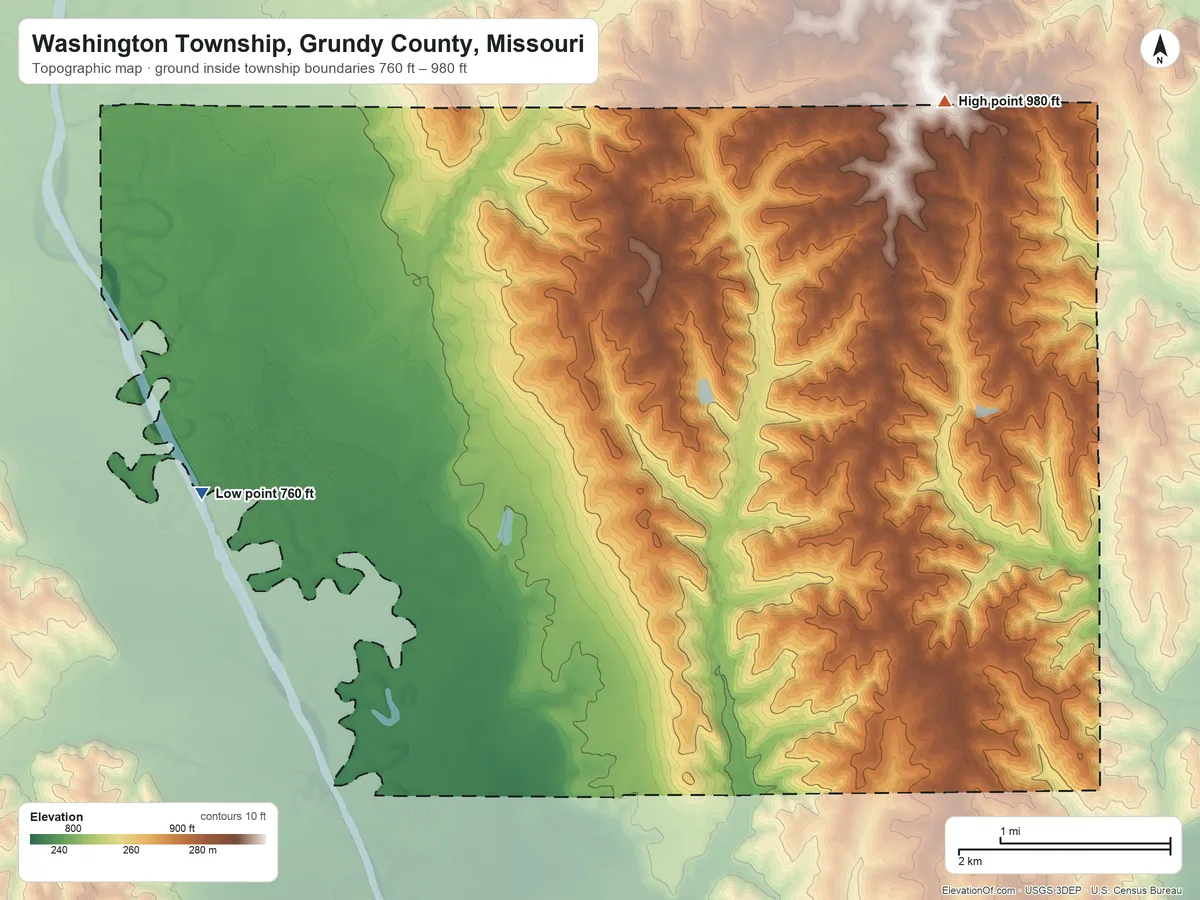 Topographic elevation map of Washington Township, Grundy County, Missouri, shaded from 760 ft on the west side to 980 ft on the northeast side