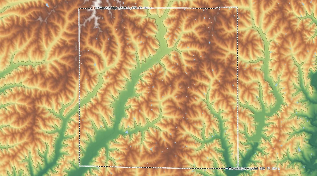 Topographic elevation map of Washington Township, Harrison County, Missouri, shaded from 920 ft on the southeast side to 1,170 ft on the northwest side