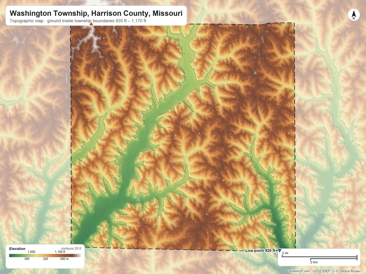 Topographic elevation map of Washington Township, Harrison County, Missouri, shaded from 920 ft on the southeast side to 1,170 ft on the northwest side