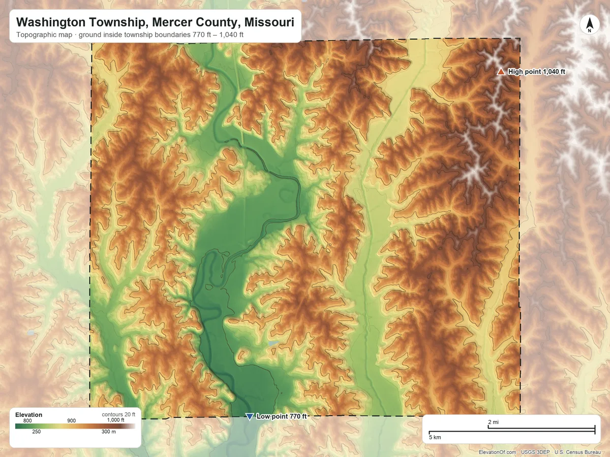 Topographic elevation map of Washington Township, Mercer County, Missouri, shaded from 770 ft on the south side to 1,040 ft on the northeast side