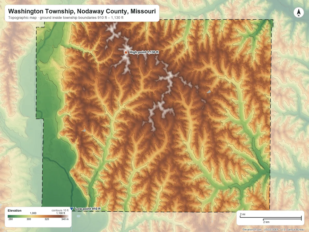 Topographic elevation map of Washington Township, Nodaway County, Missouri, shaded from 910 ft on the south side to 1,130 ft on the north side
