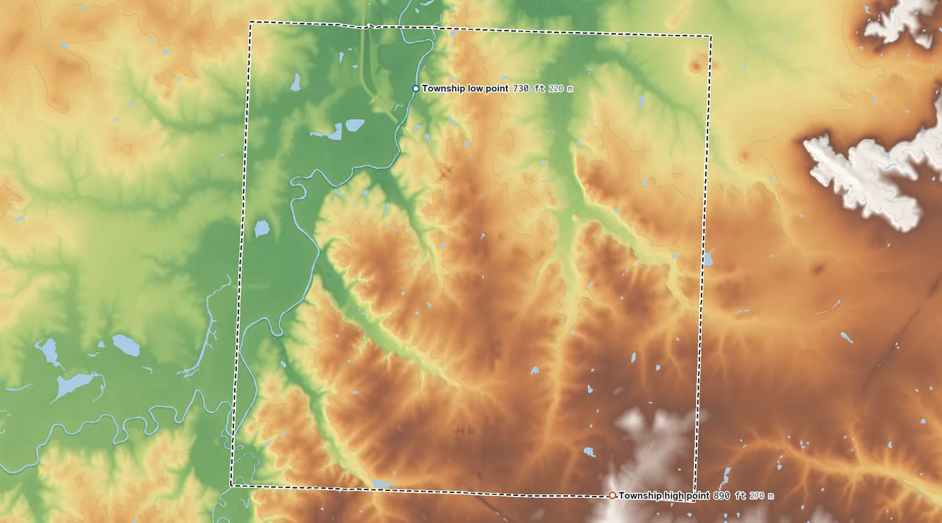 Topographic elevation map of Washington Township, Missouri, shaded from 730 ft on the north side to 890 ft on the southeast side