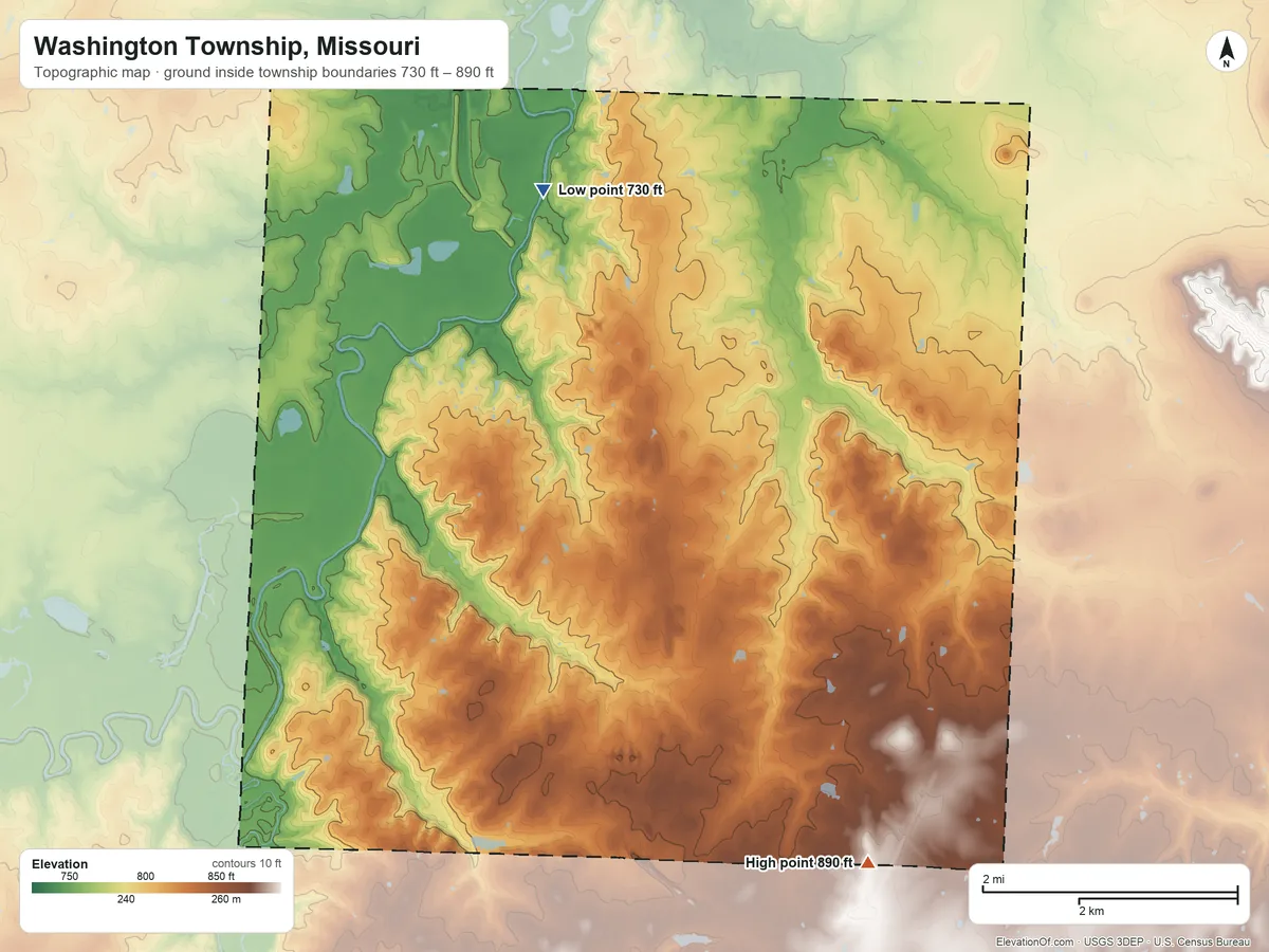 Topographic elevation map of Washington Township, Missouri, shaded from 730 ft on the north side to 890 ft on the southeast side