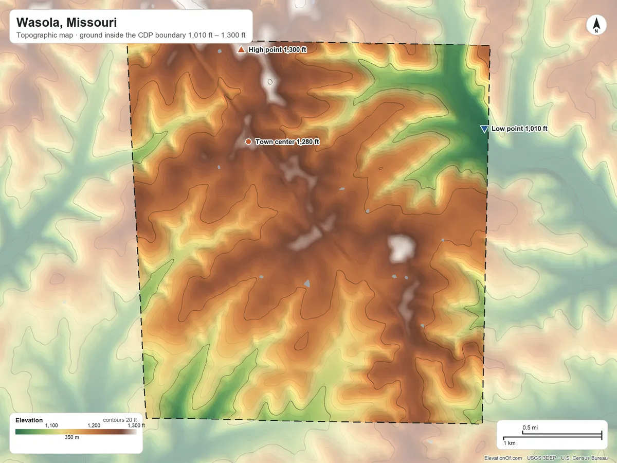 Topographic elevation map of Wasola, Missouri, shaded from 1,010 ft on the east side to 1,300 ft on the north side