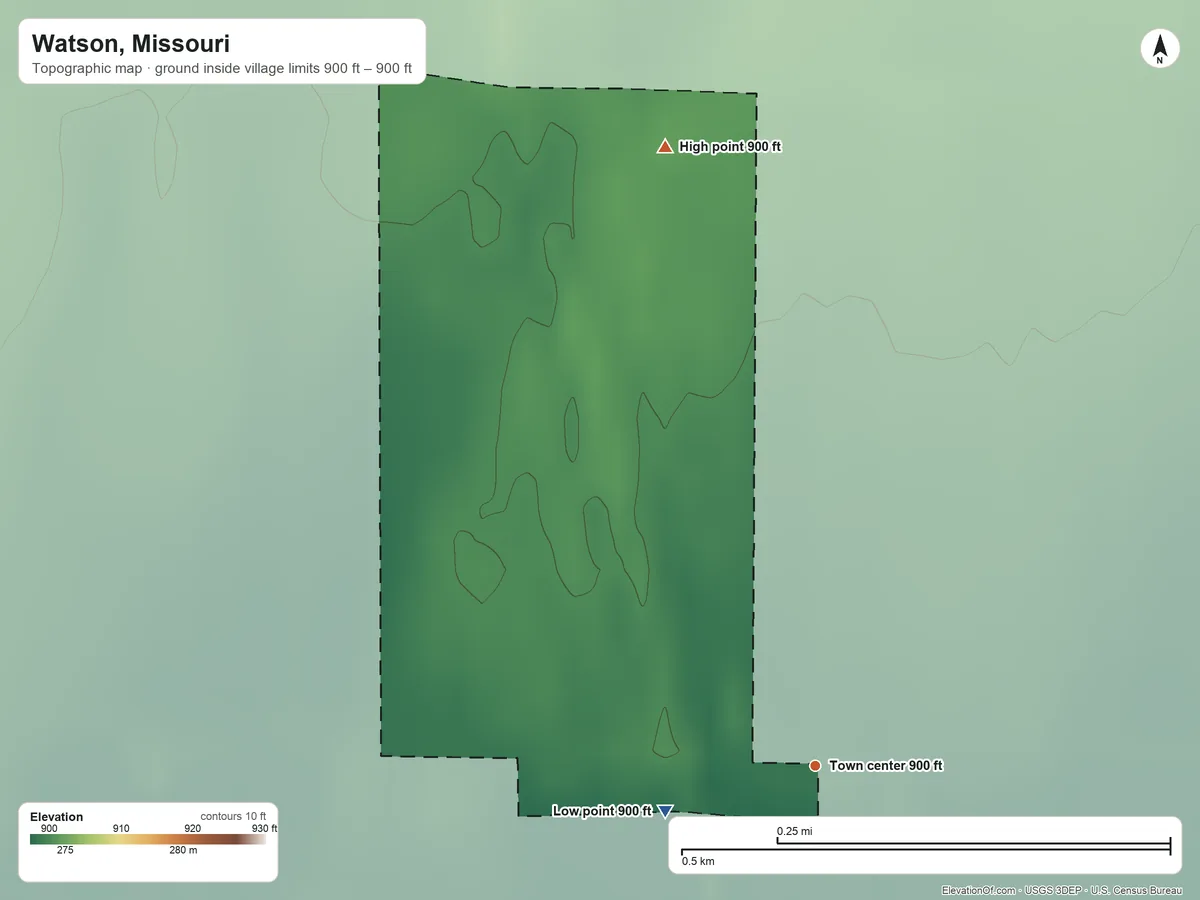 Topographic elevation map of Watson, Missouri, shaded from 900 ft on the west side to 900 ft on the north side