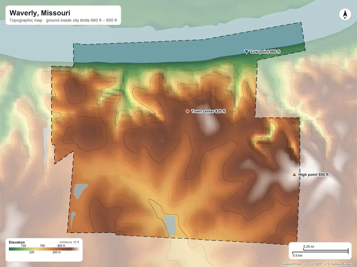 Topographic elevation map of Waverly, Missouri, shaded from 660 ft on the northeast side to 850 ft on the southeast side