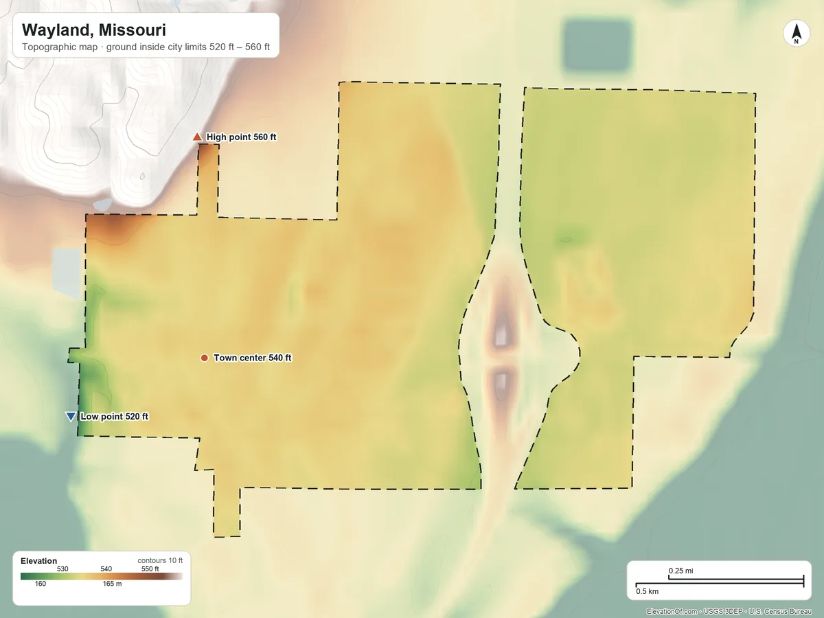 Topographic elevation map of Wayland, Missouri, shaded from 520 ft on the southwest side to 560 ft on the north side