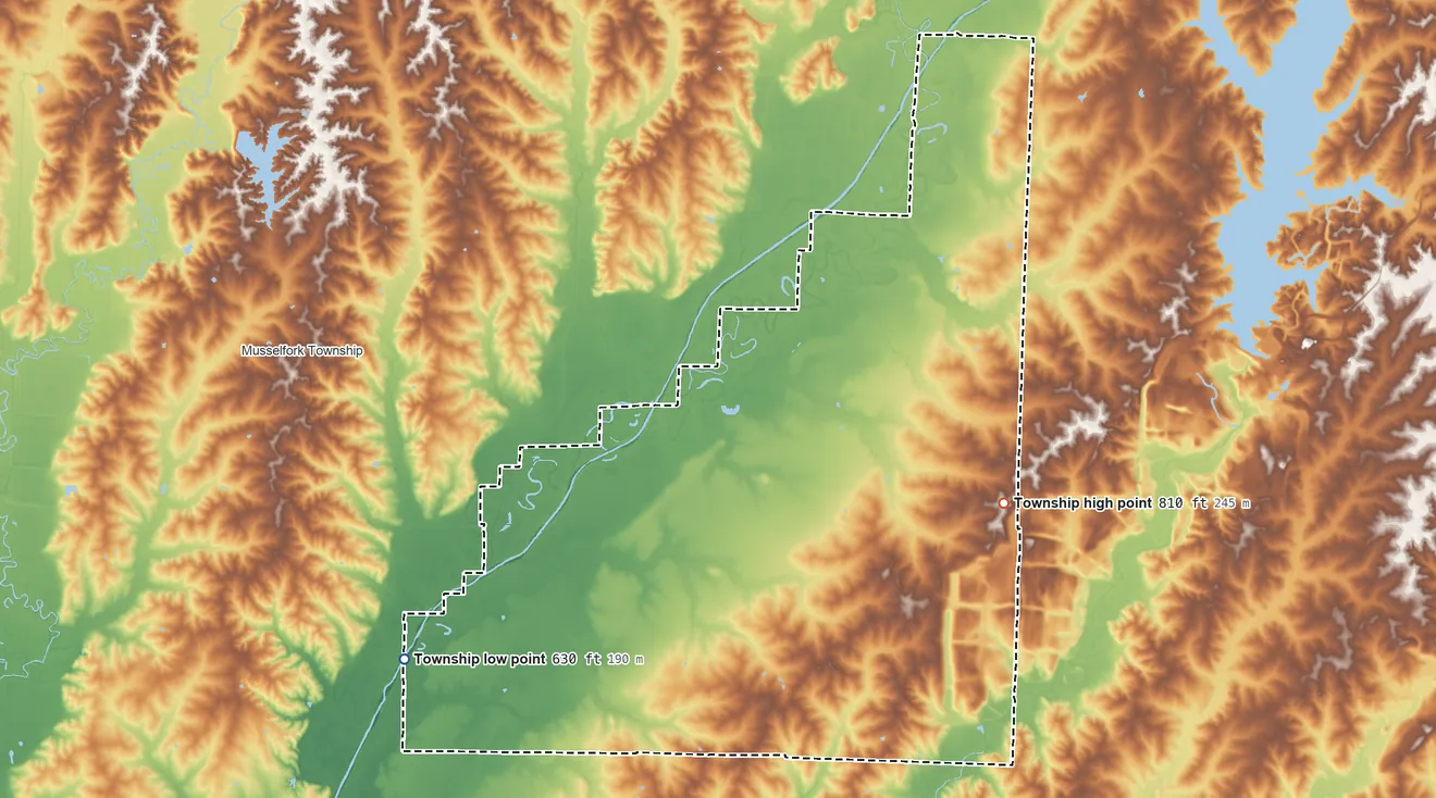 Topographic elevation map of Wayland Township, Missouri, shaded from 630 ft on the west side to 810 ft on the east side