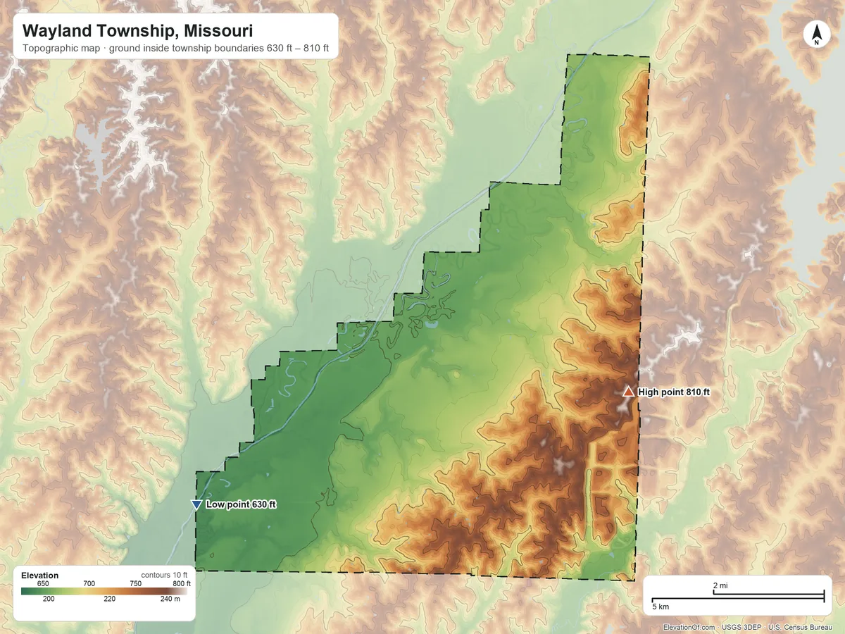 Topographic elevation map of Wayland Township, Missouri, shaded from 630 ft on the west side to 810 ft on the east side