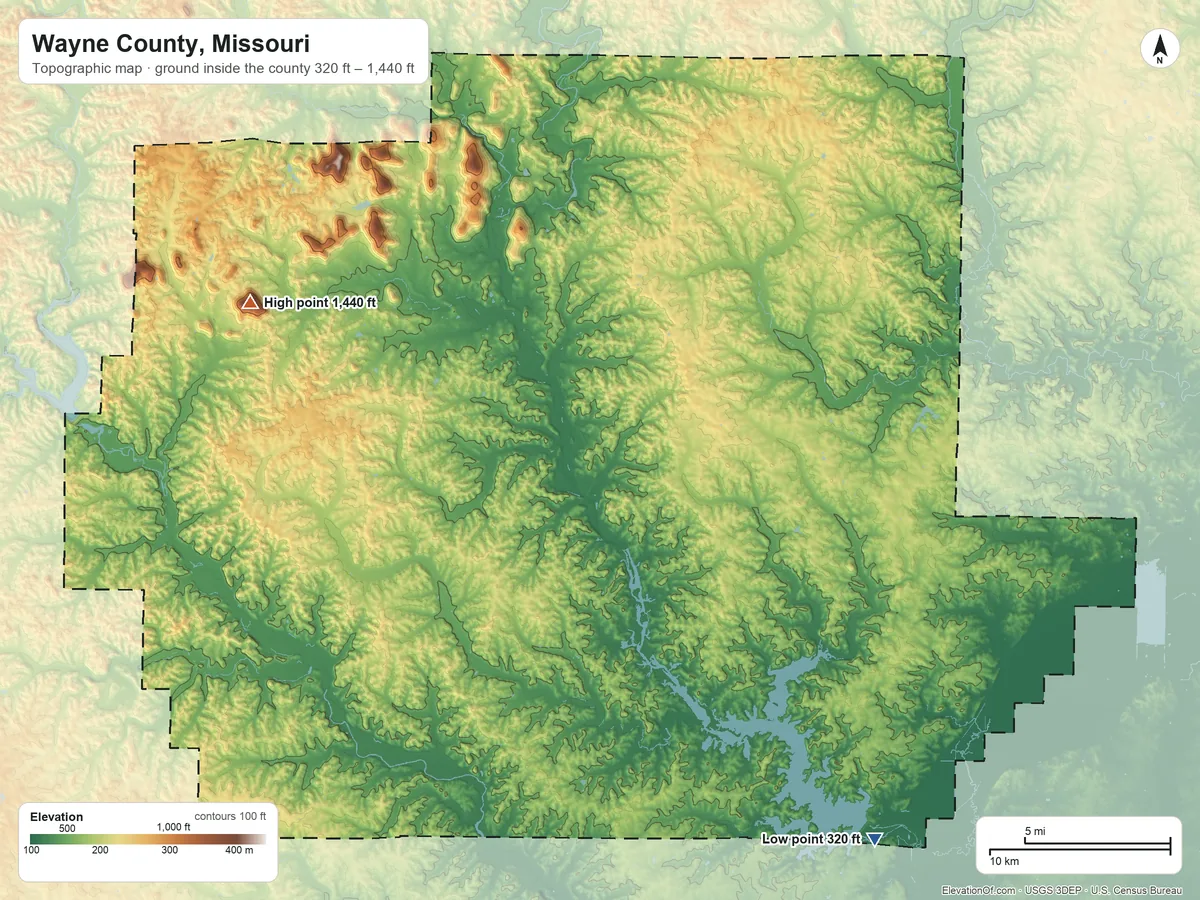 Topographic elevation map of Wayne County, Missouri, shaded from 320 ft on the southeast side to 1,440 ft on Clark Mountain