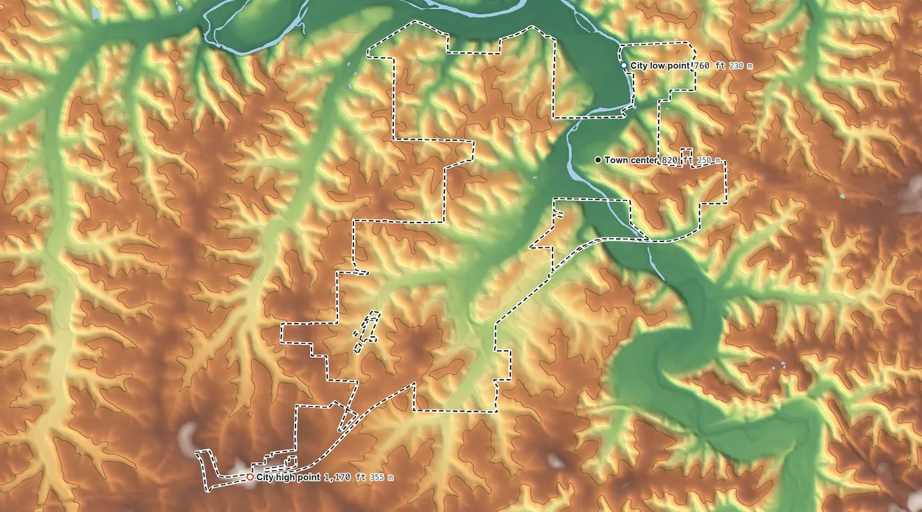 Topographic elevation map of Waynesville, Missouri, shaded from 760 ft on the north side to 1,170 ft on the southwest side