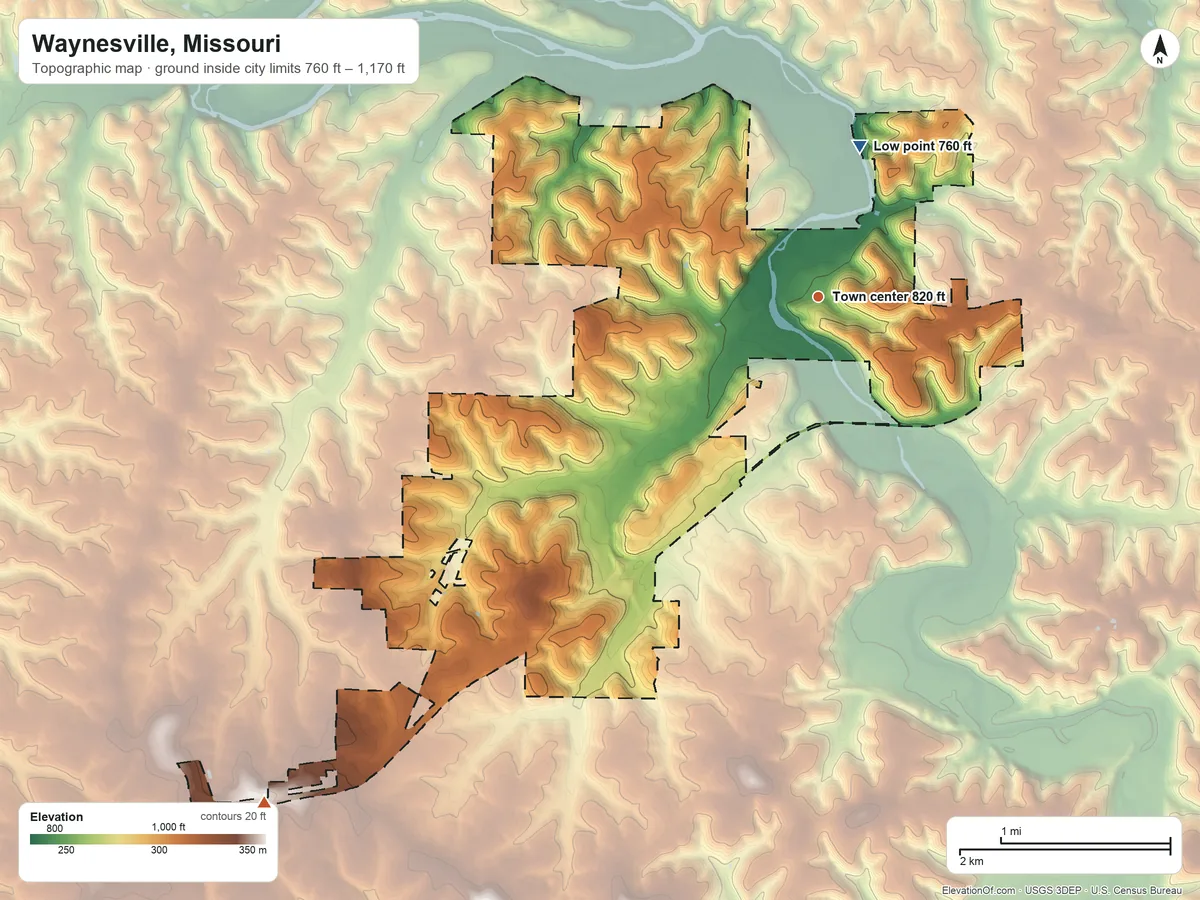 Topographic elevation map of Waynesville, Missouri, shaded from 760 ft on the north side to 1,170 ft on the southwest side