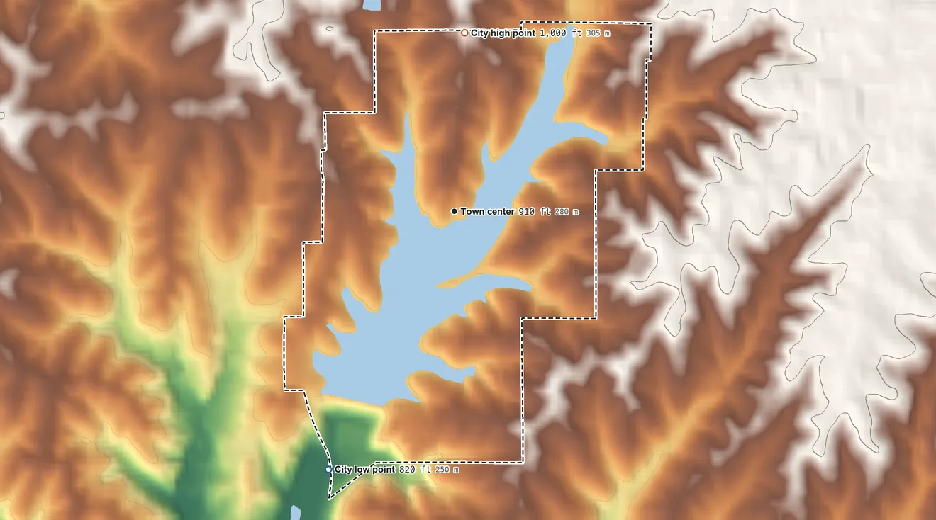 Topographic elevation map of Weatherby Lake, Missouri, shaded from 820 ft on the southwest side to 1,000 ft on the north side
