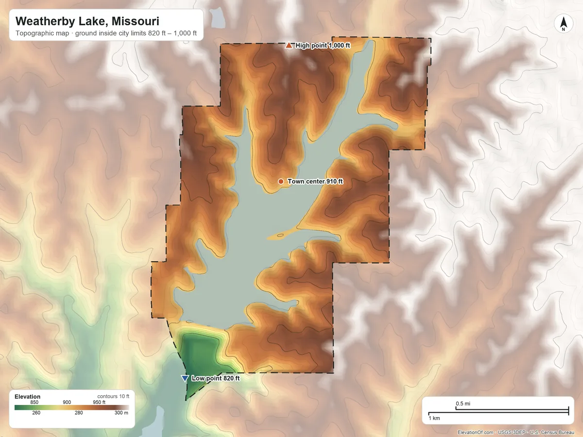 Topographic elevation map of Weatherby Lake, Missouri, shaded from 820 ft on the southwest side to 1,000 ft on the north side