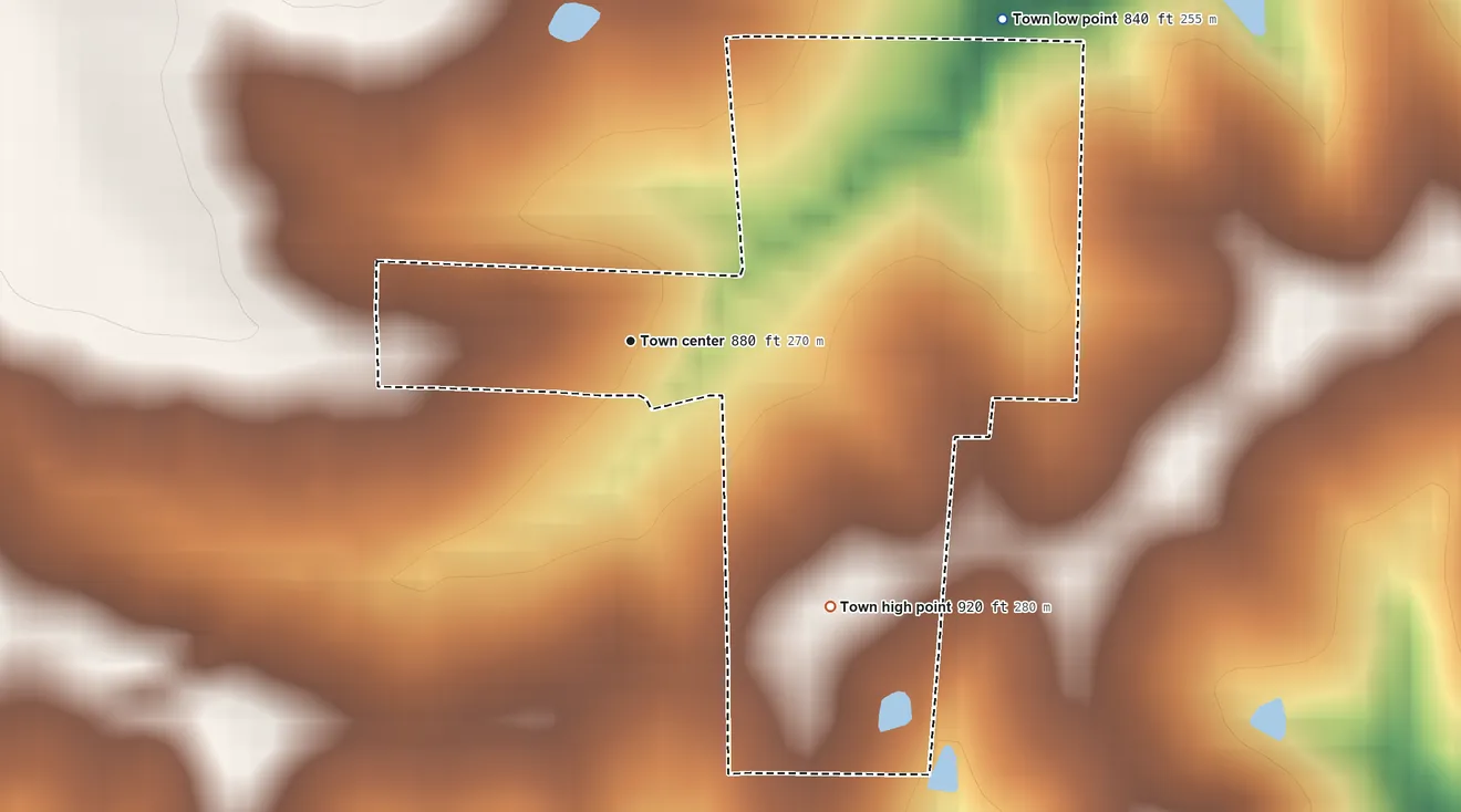 Topographic elevation map of Weatherby, Missouri, shaded from 840 ft on the northeast side to 920 ft on the southeast side
