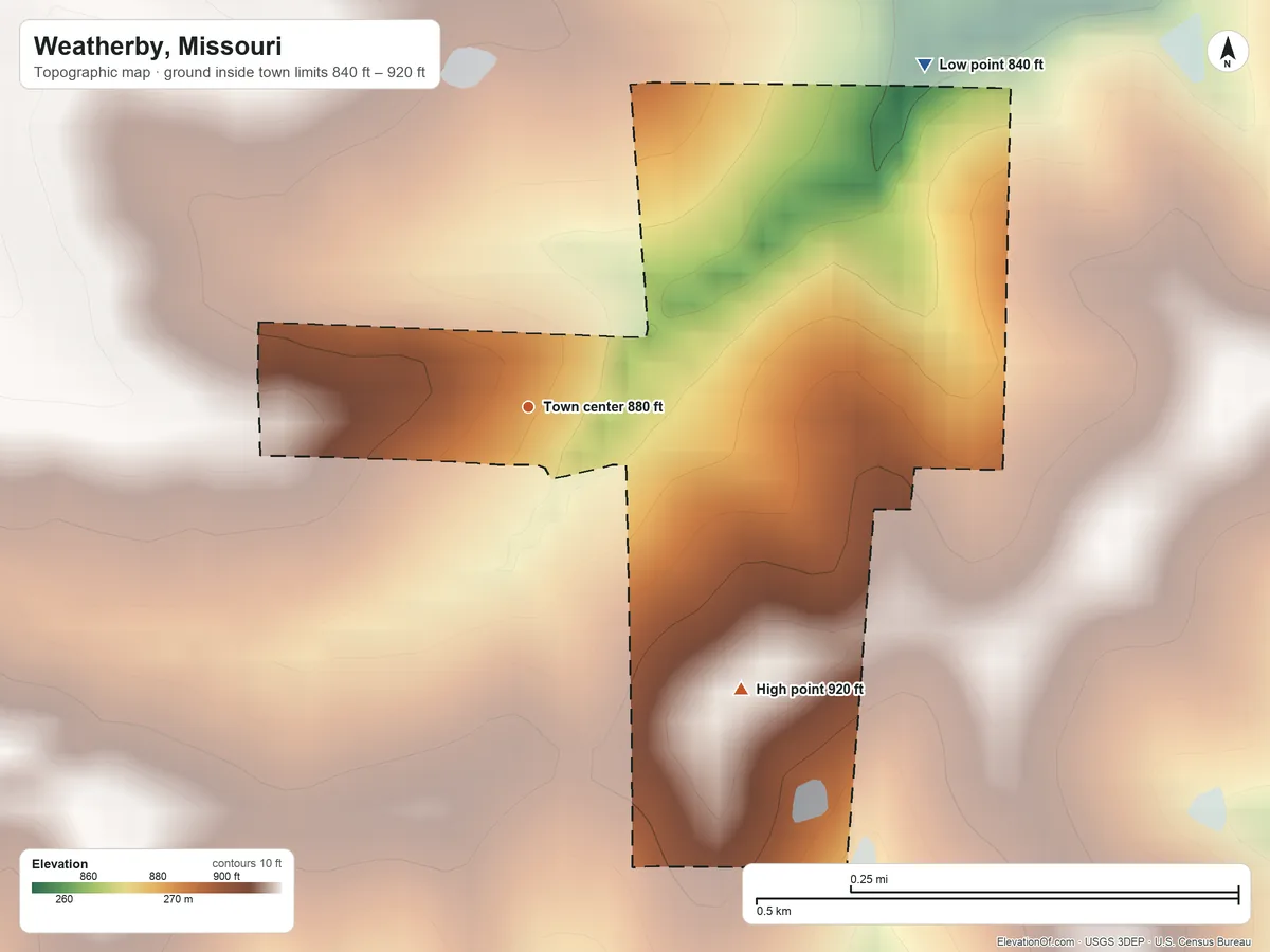 Topographic elevation map of Weatherby, Missouri, shaded from 840 ft on the northeast side to 920 ft on the southeast side