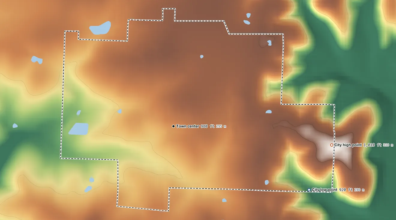 Topographic elevation map of Weaubleau, Missouri, shaded from 920 ft on the southeast side to 1,010 ft on the east side