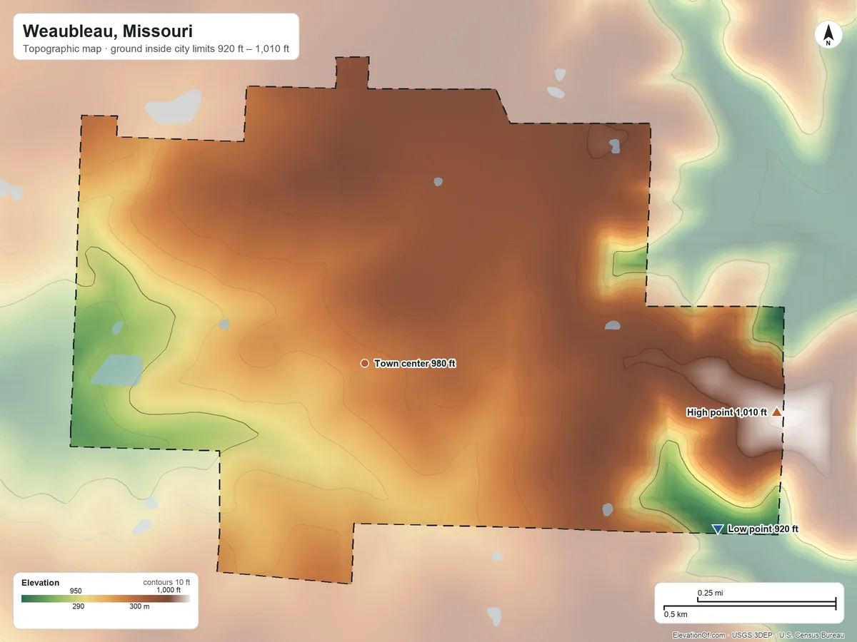 Topographic elevation map of Weaubleau, Missouri, shaded from 920 ft on the southeast side to 1,010 ft on the east side