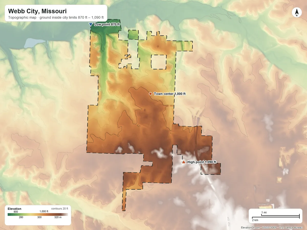 Topographic elevation map of Webb City, Missouri, shaded from 870 ft on the northwest side to 1,090 ft on the southeast side