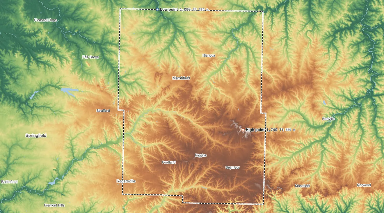Topographic elevation map of Webster County, Missouri, shaded from 1,090 ft on the north side to 1,740 ft on the southeast side