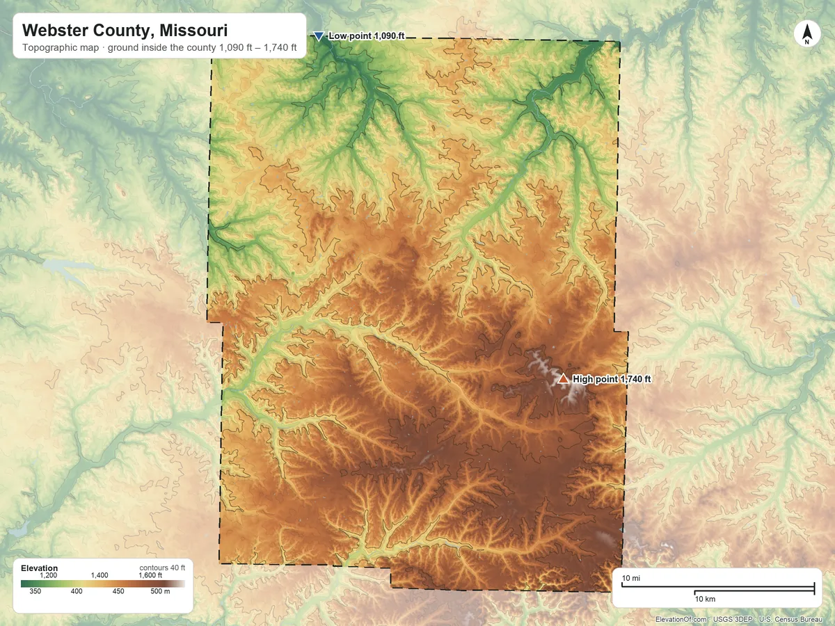 Topographic elevation map of Webster County, Missouri, shaded from 1,090 ft on the north side to 1,740 ft on the southeast side