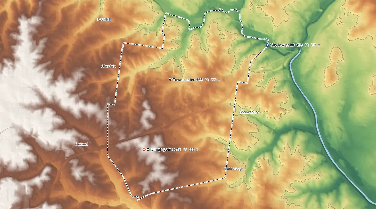 Topographic elevation map of Webster Groves, Missouri, shaded from 420 ft on the east side to 640 ft on the south side