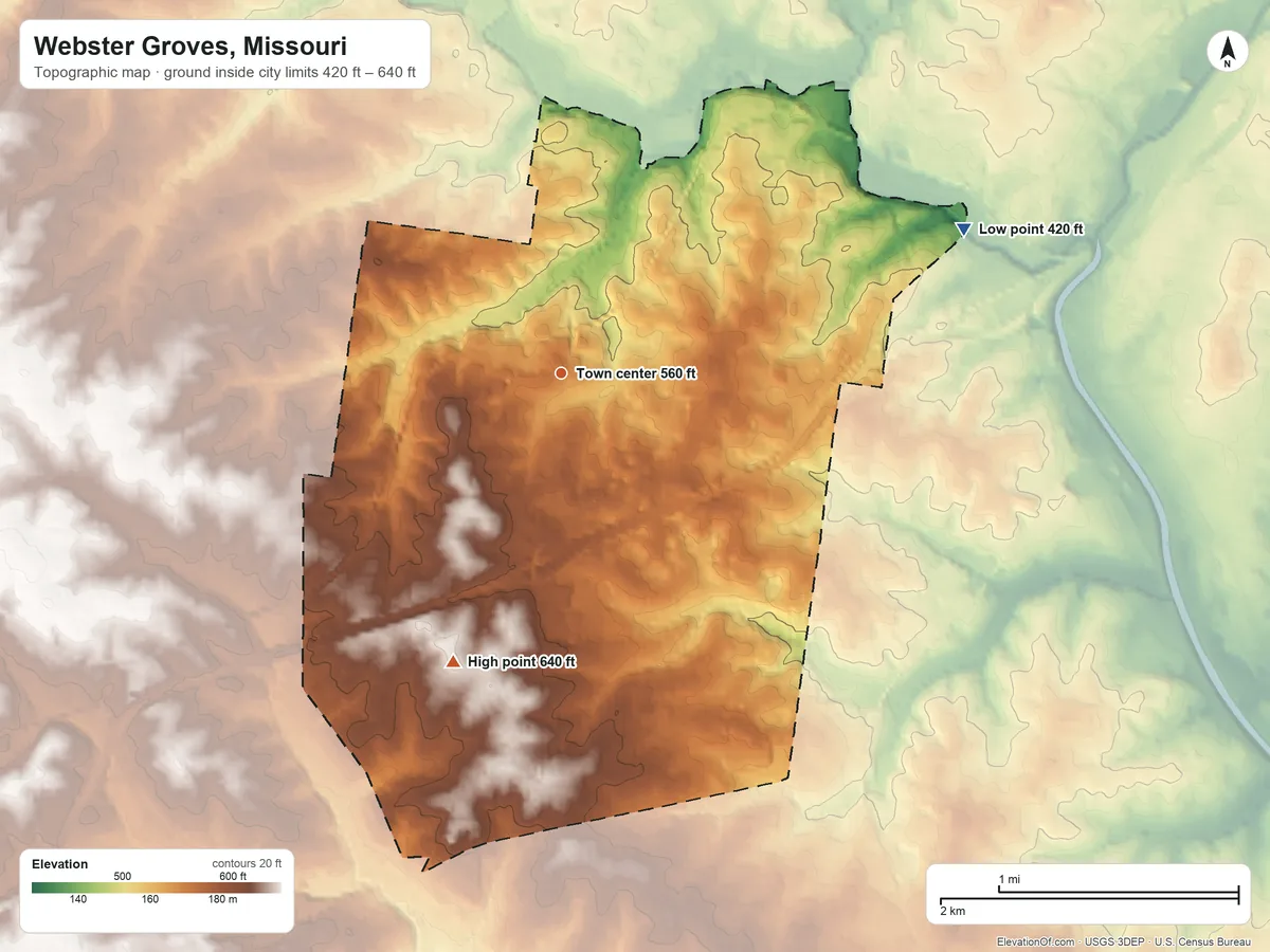 Topographic elevation map of Webster Groves, Missouri, shaded from 420 ft on the east side to 640 ft on the south side