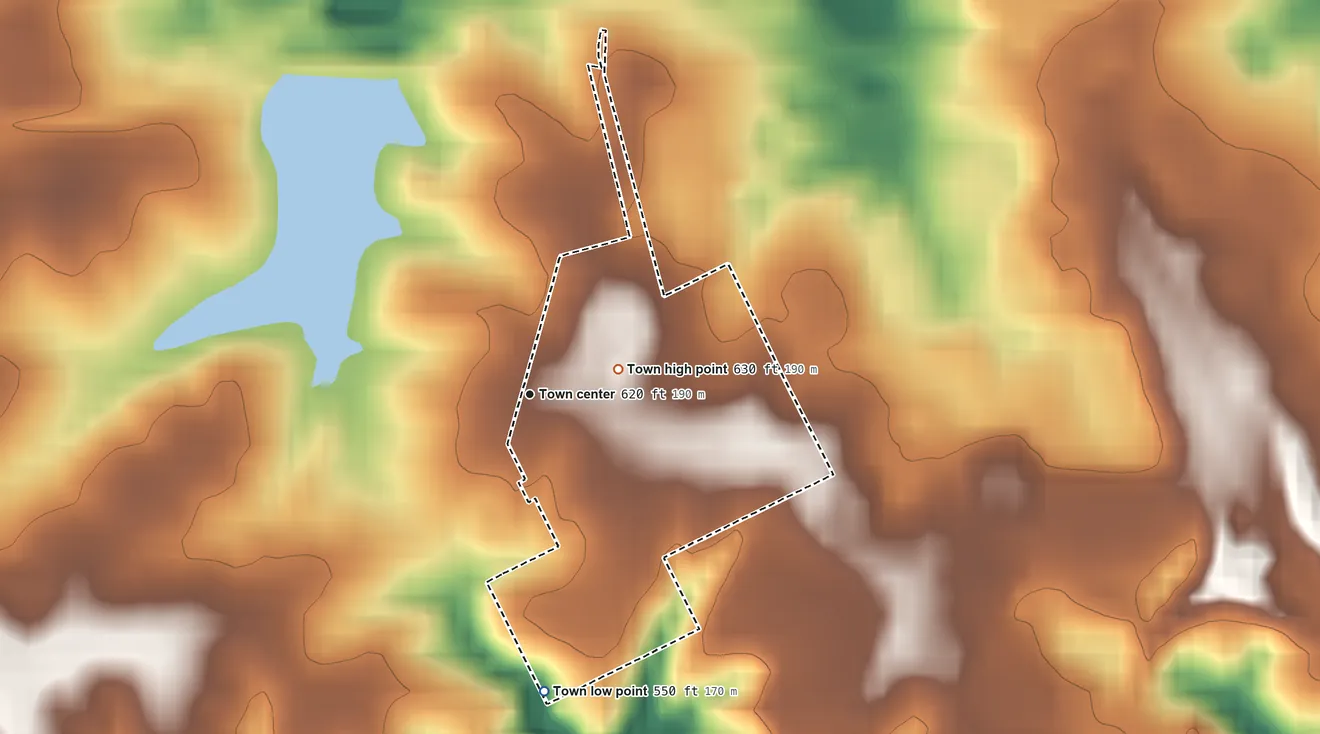 Topographic elevation map of Weldon Spring Heights, Missouri, shaded from 550 ft on the south side to 630 ft on the east side
