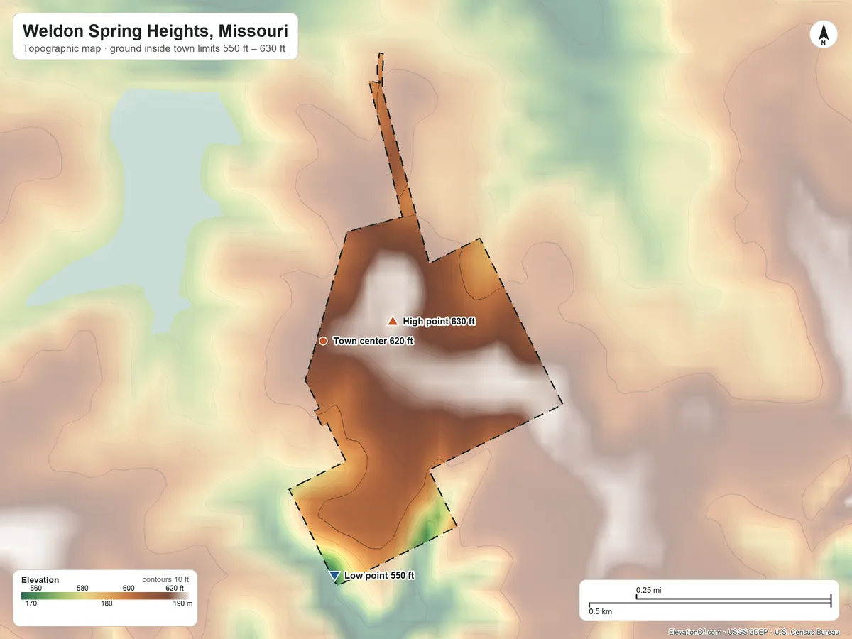 Topographic elevation map of Weldon Spring Heights, Missouri, shaded from 550 ft on the south side to 630 ft on the east side