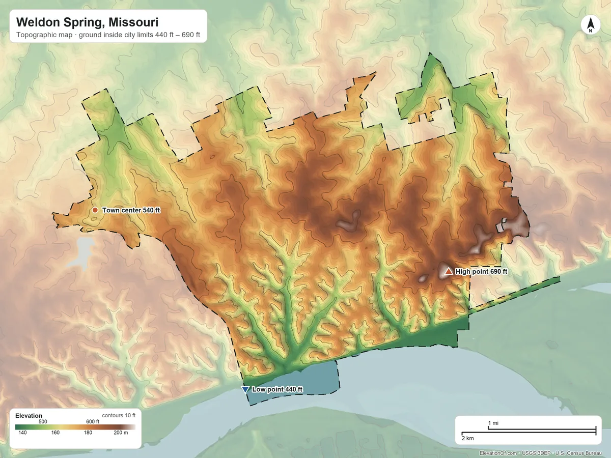 Topographic elevation map of Weldon Spring, Missouri, shaded from 440 ft on the southeast side to 690 ft on the east side