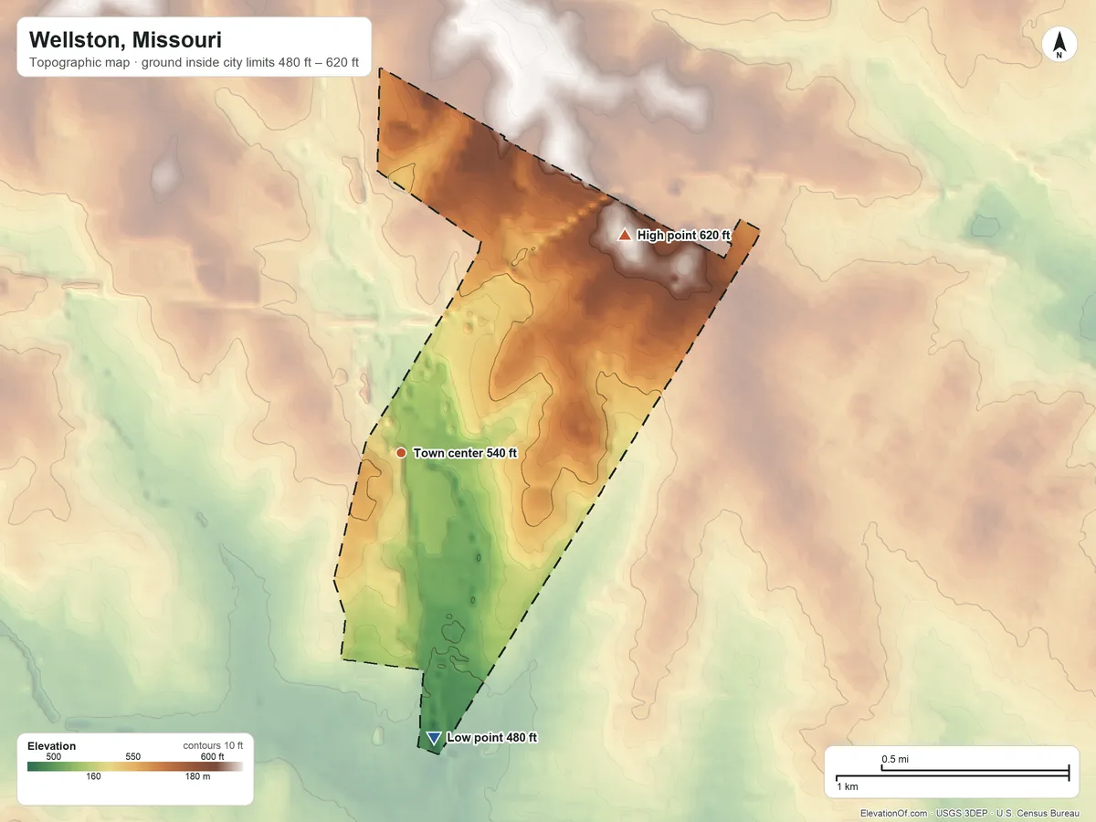 Topographic elevation map of Wellston, Missouri, shaded from 480 ft on the south side to 620 ft on the northeast side