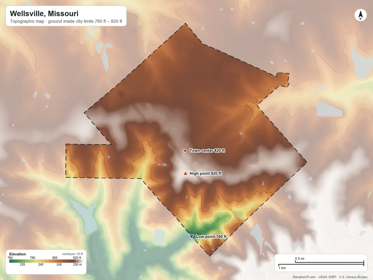 Topographic elevation map of Wellsville, Missouri, shaded from 760 ft on the south side to 820 ft near the middle