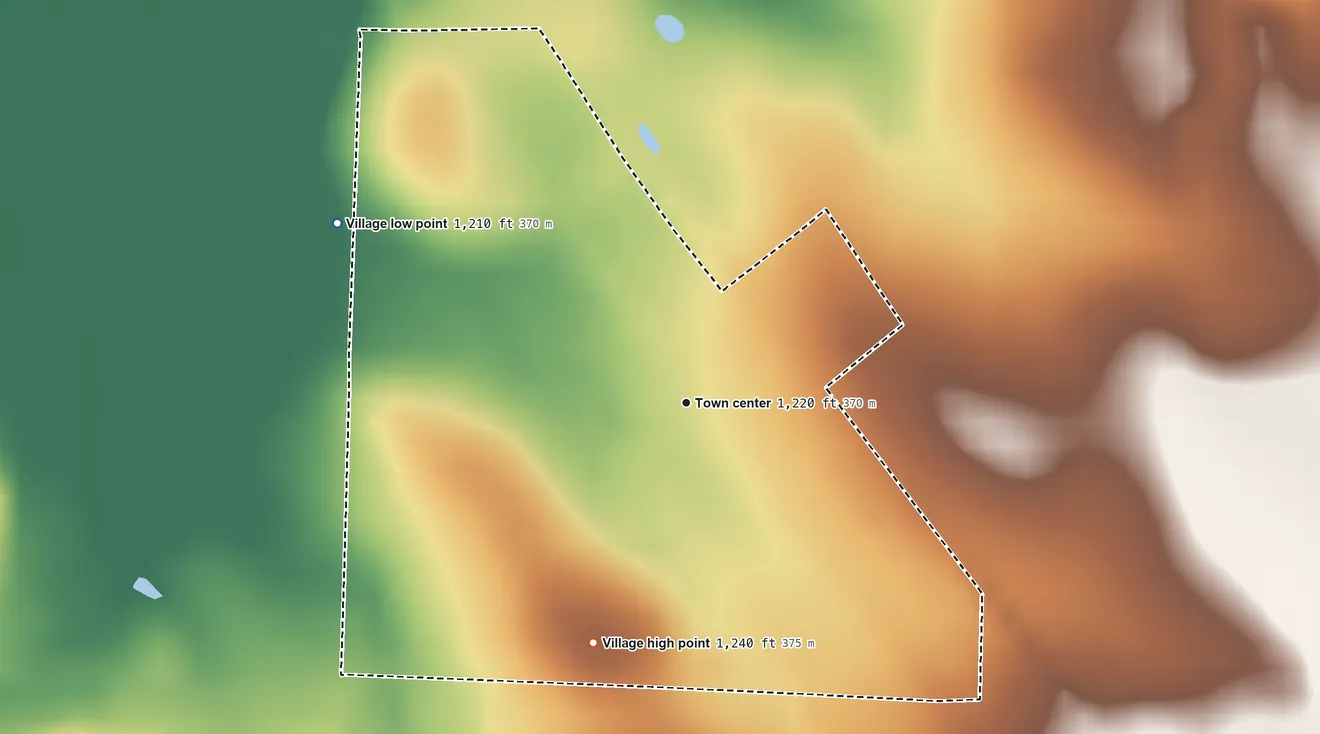 Topographic elevation map of Wentworth, Missouri, shaded from 1,210 ft on the northwest side to 1,240 ft on the south side