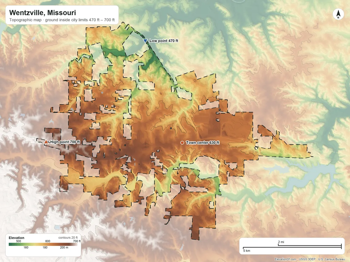 Topographic elevation map of Wentzville, Missouri, shaded from 470 ft on the north side to 700 ft on the west side